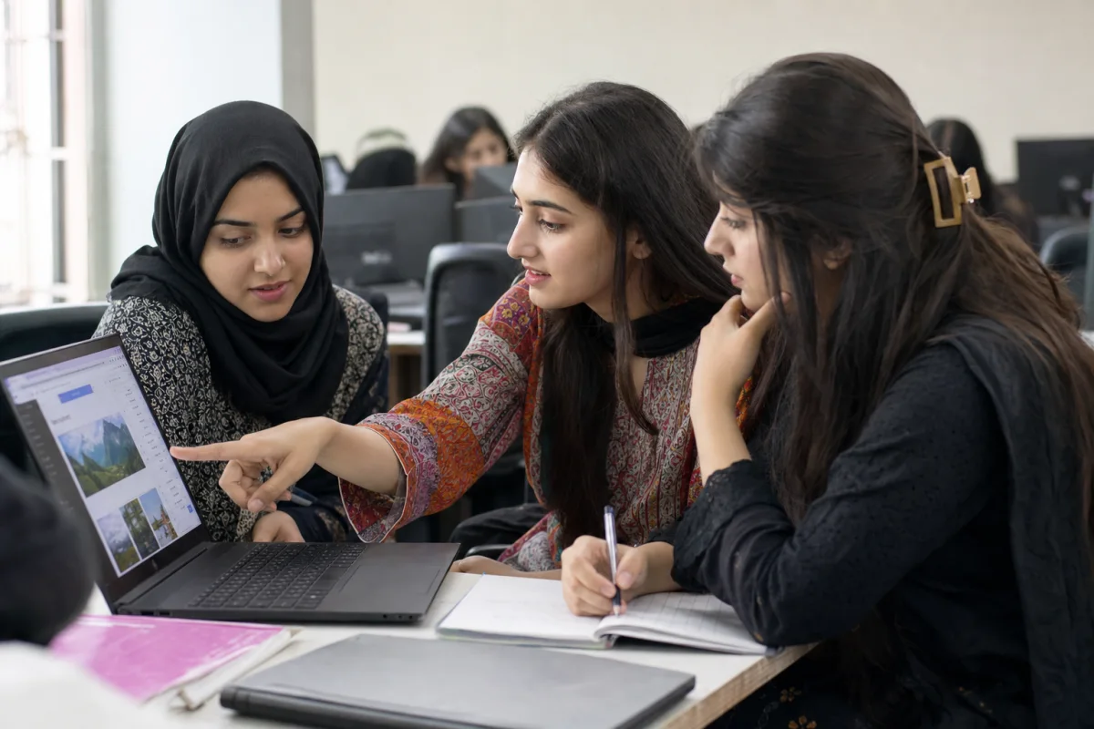 Women students collaborating on a website project during a WordPress workshop