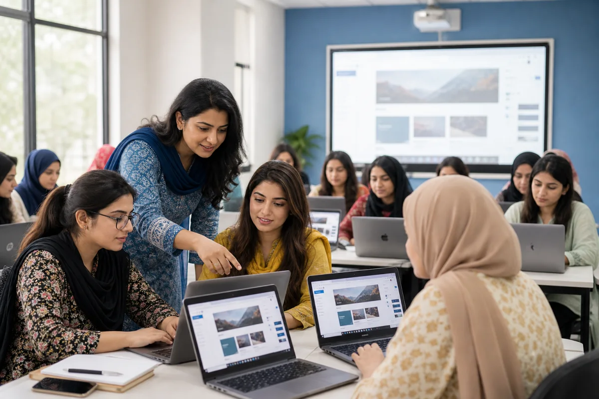 Women students learning WordPress website design in an institute computer lab