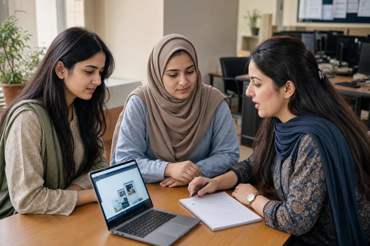 Technology mentor discussing continued WordPress learning with women students