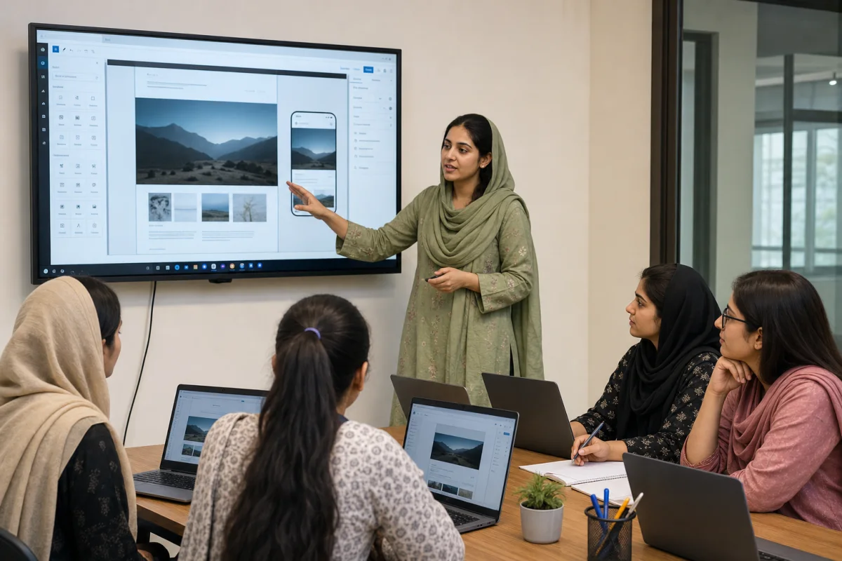 Woman instructor demonstrating a WordPress page-building workflow to students